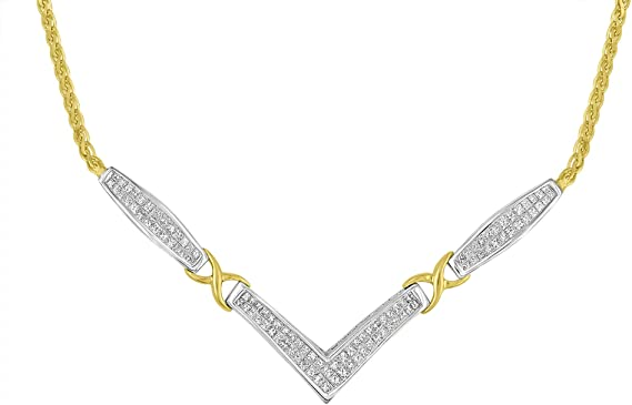 14K Yellow and White Gold 2.0 Cttw Princess Cut Diamond Flared and X-Station V Shaped 18” Franco Chain Statement Necklace (H-I Color, SI2-I1 Clarity)